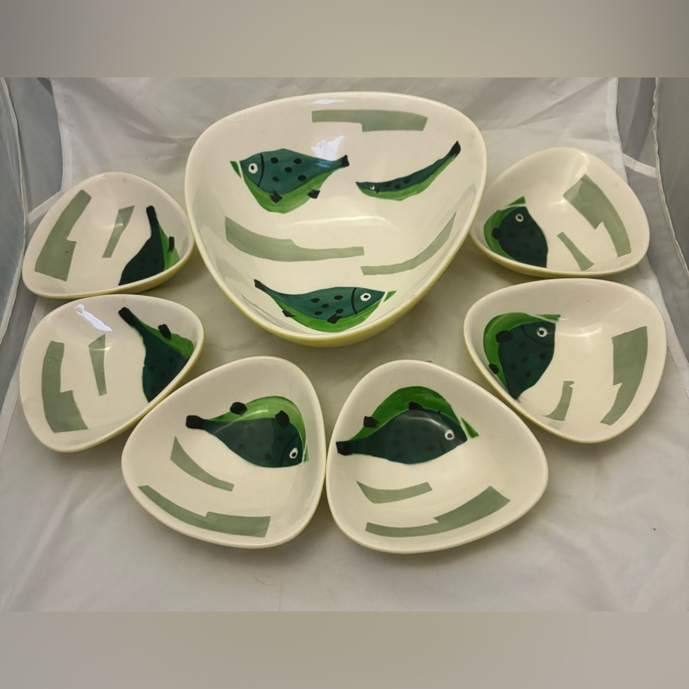 Vtg mcm Seyei triangular fish serving bowl and 6 salad bowls sushi